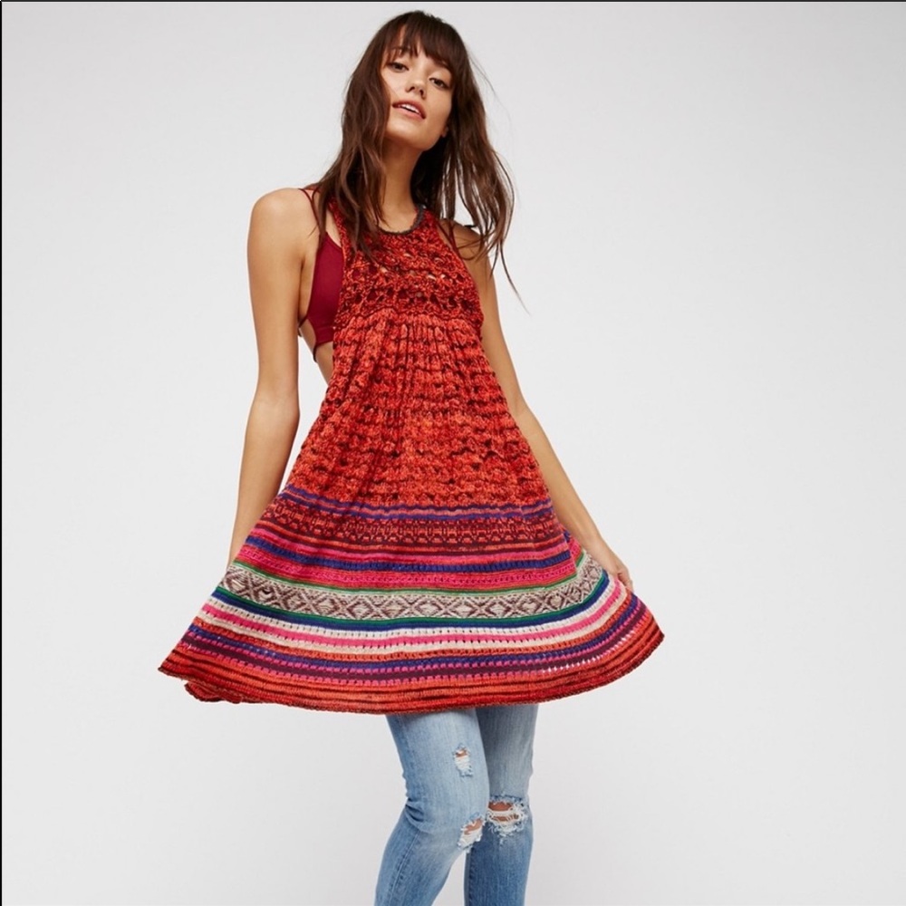 FREE PEOPLE Rare Red Hearts Tunic Sweater Dress Santa Fe size Large
